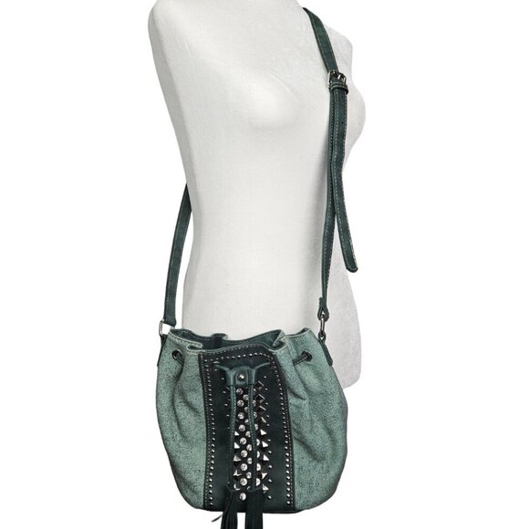 Montana West Green Canvas/Faux Leather Studded Suede Tassel Crossbody Bucket Bag - Picture 2 of 11